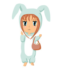 Vector anime character in rabbit blue kigurumi. Cute colered illustration for children. Easter time