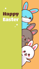 happy easter greeting card with rabbits wearing face mask to prevent coronavirus lettering poster or flyer template with cute bunnies vertical vector illustration