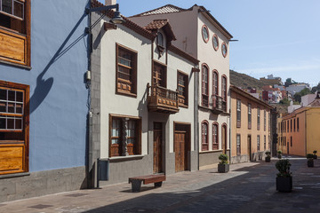 Picturesque facades of old houses on the street of the historical La Laguna town, Tenerife, Canary Islands, Spain.