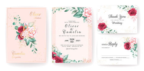 Luxury wedding invitation card template set with gold watercolor floral decorations and glitter. Flowers arrangements for save the date, greeting, details, cover. Botanic illustration vector