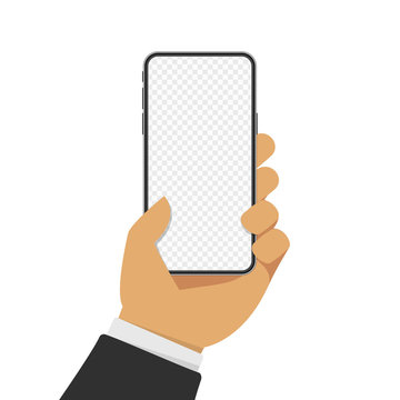 Mobile phone in man hand with transparent screen. Smartphone in hands with space for your text or image. Vector illustration in flat style. EPS 10.