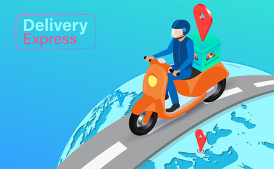 delivery express by scooter on global with system GPS. Online food order and package in E-commerce by application. isometric flat design. Vector illustration
