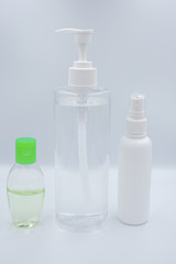 Alcohol gel and sanitizer hand gel cleaners for anti Bacteria and virus on White Background, People using alcohol gel to wash hands to prevent COVID-19 virus