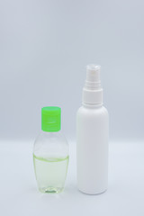 Alcohol gel and sanitizer hand gel cleaners for anti Bacteria and virus on White Background, People using alcohol gel to wash hands to prevent COVID-19 virus