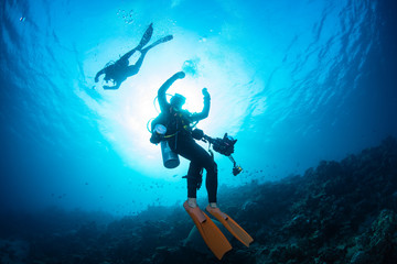 Fototapeta na wymiar The scuba diver doing safety stop 