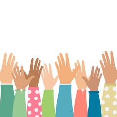 Raised hands up people of different nations on a white background. Vector illustration. Colorful hands.