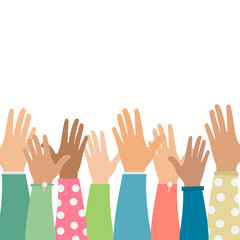 Obraz premium Raised hands up people of different nations on a white background. Vector illustration. Colorful hands.
