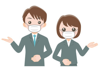 マスクを付けたスーツ姿の男女が案内している 