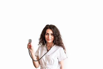 Medicine doctor with stethoscope in hand on white background, Healthcare and Medical concept