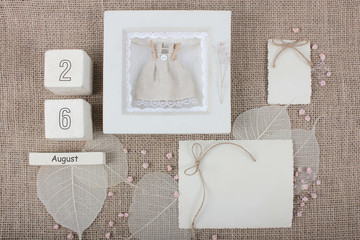 Calendar. August 26th. Wood cube calendar with date of month and day. Newborn postcard concept for...