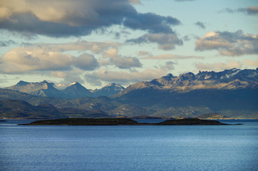 Sunrise or twilight over Beagle Channel in Patagonia between Argentina and Chile from cruiseship or...