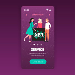 attractive women standing at reception desk spa treatments concept beauty salon service concept smartphone screen mobile app full length copy space vector illustration