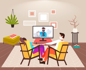 couple sitting at home on self-isolation man woman in masks watching tv on coronavirus quarantine protection healthcare concept living room interior vector illustration