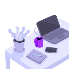 Working at Home Office. Desk in Room, laptor, notebook, flower in a pot, smartphone and cup of coffee. Home Office Concept. Flat Isometric Vector Illustration.