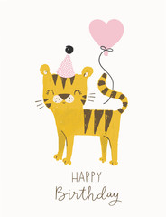 Cute birthday tiger with a party hat and a balloon. Funny cartoon tiger vector illustration for jungle party, birthday cards, invitations, nursery poster, art print and baby clothing.