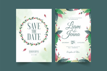 Wedding invitation template with beautiful watercolor floral wreath Premium Vector