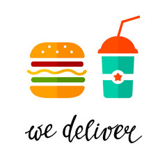 Burger with soda, ordering food online. Vector illustration of sandwich and drinks isolated on the white background. Food delivery service. We deliver during quarantine.
