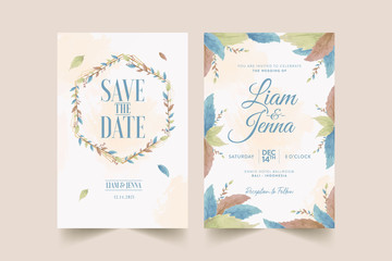 Naklejka na ściany i meble Wedding invitation template with beautiful watercolor floral wreath Premium Vector
