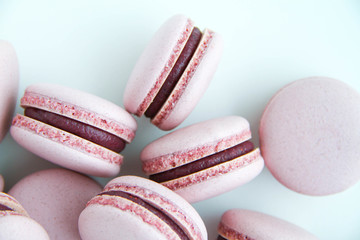 French dessert macaron filled with white chocolate and blueberry ganache. Macarons are on a white background. Top view. 