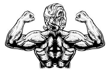 A gym back muscles muscular bodybuilder with strong arms concept in retro woodcut style
