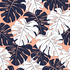 Bright seamless background with monstera leaves. Creates an atmosphere of tropics, summer and relaxation.