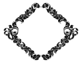 An ornamental filigree heraldry leaf pattern floral scroll border vintage style frame design