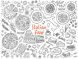 Set of Italian cuisine food isolated on white background. Doodle. Vector illustration. Perfect for food menu design template.