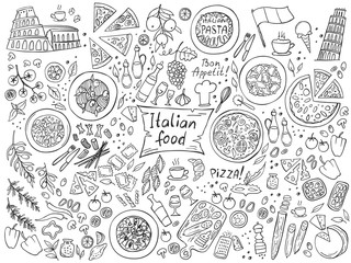 Set of Italian cuisine food isolated on white background. Doodle. Vector illustration. Perfect for food menu design template.