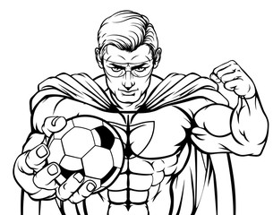 Superhero holding a soccer football ball sports mascot