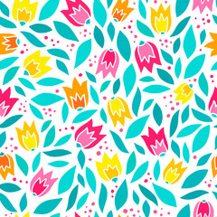 floral seamless pattern with abstract tulips and leaves on white background. Spring, summer theme. Textile print design. 