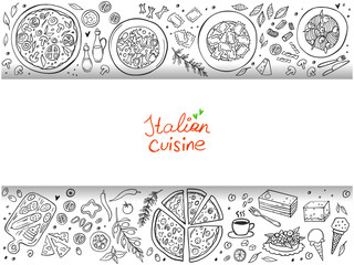 Set of Italian cuisine food isolated on white background. Doodle. Vector illustration. Perfect for food menu design template.