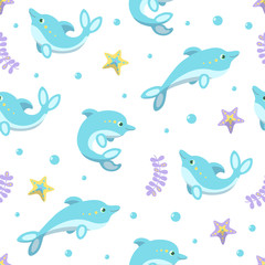 Dolphin seamless pattern. Cute dolphins on white background. Vector illustration in cartoon style