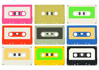 Fototapeta premium A vector illustration of a collection vintage audio cassette tapes in various colors and labels on an isolated white background