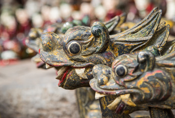 The Vietnamese traditional water puppets of the theater in Hanoi, Vietnam. Each puppet represents...