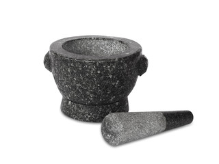 Stone mortar and pestle isolated on white background.