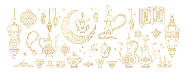 Vector set with arabic elements for Ramadan Greetings, Iftar Party  invitation. Arabic hookah, coffee pot, crescent, Eastern lanterns for Iftar, Eid Al-Fitr decoration. Muslim feast of Ramadan month. 
