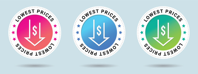 Lowest prices insignia stamp. Vector certificate icon. Set of 3 beautiful color gradients. Vector combination for certificate in flat style.