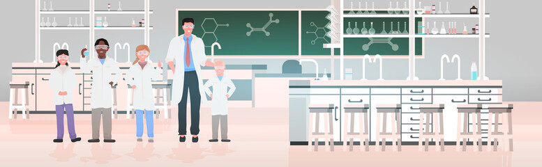 school students with teacher in uniform working in chemical laboratory modern science classroom interior horizontal full length vector illustration