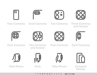 Phone Multi-camera Systems icons set. Ultra Wide, Wide, Telephoto Cameras, Scanner, AR, Lidar - 339202947