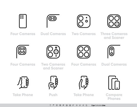 Phone Multi-camera Systems icons set. Ultra Wide, Wide, Telephoto Cameras, Scanner, AR, Lidar