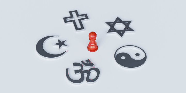 Christianity, Catholicism, Buddhism, Judaism, Islam symbols on with red wooden dummy. chosing between religions or conflict 3d render illustration