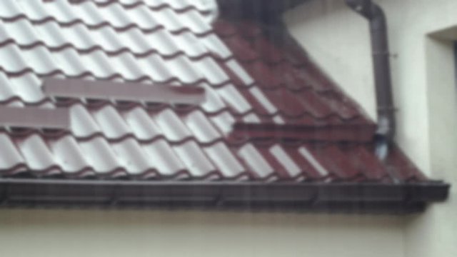 Rain falls on the brown metal roof with downpipe and gutter, blurred background