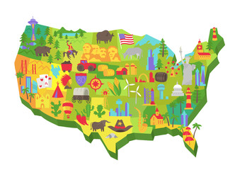 Illustrated USA tourist attraction on the map. United States of America. Set of icons. Showplace flat vector.
