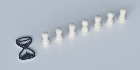 Wooden figures stand in line. queue concept. Wooden figures of people go in line. metal sand clock...