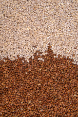 Buckwheat and pearl barley. Texture. Background. Good nutrition. Healthy eating. Diet. Vertical photo.