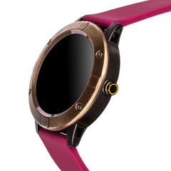 Obraz premium Wireless smart watch in a round matte bronze case and a red silicone strap on a white background. Three quarter view close up