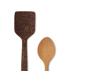 Wooden spoon and Wooden spatula,Kitchen utensils, isolated on white background.
