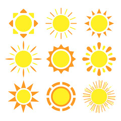Sun icon set. Elements for weather design. Summer theme. Vector illustration.