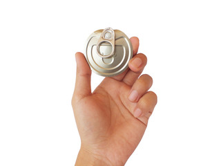 Hand holding Aluminum lids,metal, ring pull can on white background.