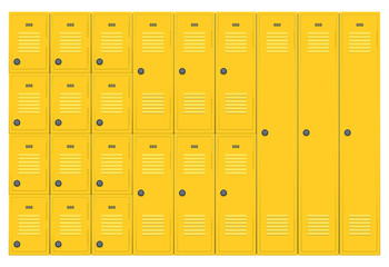 A flat stack of various sized modular yellow school lockers